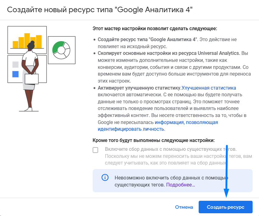 Создание ресурса Google Аналитики 4 версии
