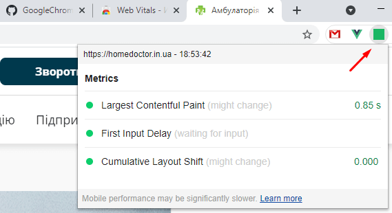 Данные по метрикам в Web Vitals Chrome Extension