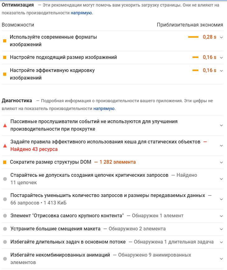 Додаткові рекомендації у PageSpeed Insights