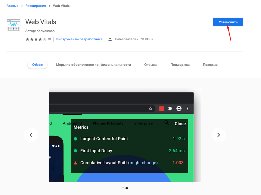 Расширение Web Vitals Chrome Extension